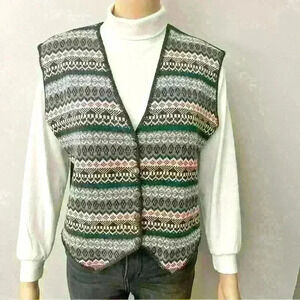 Vintage BohoOversized Green Multicolored Button V-neck  Sweater Vest